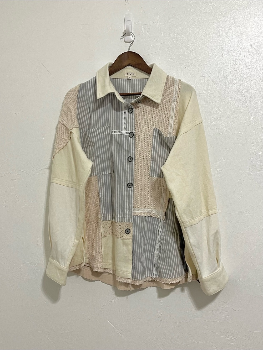 POL Oversized Patchwork Twill Shacket Shirt Jacket Stripe Cream Size Small